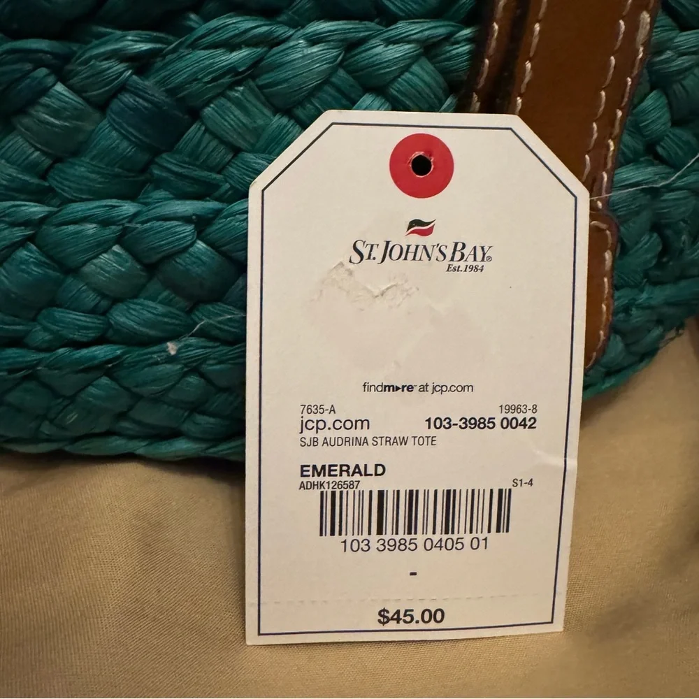 St. John’s Bay Audrina Straw Tote Emerald Green Rope Handle Beach Bag